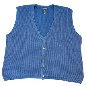 Lands' End Blue Button Up VNeck Cotton Knit Sweater Vest XL (46-48)